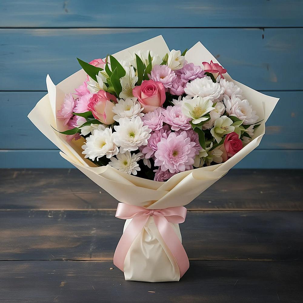 Букет цветов из: Хризантемы, Альстромерии и Розы в Козлово